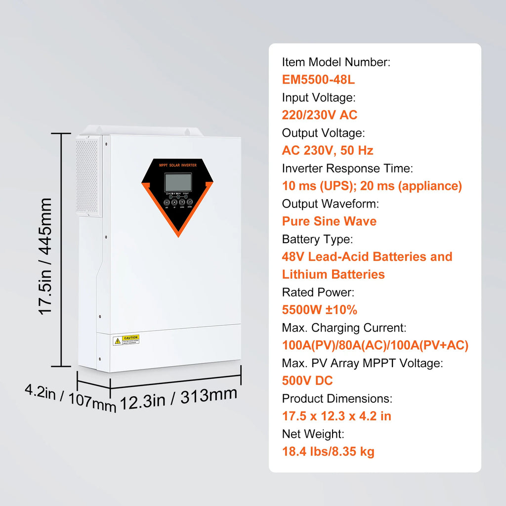 Хибриден соларен инвертор 5500 W, 48 V, 230 V AC
