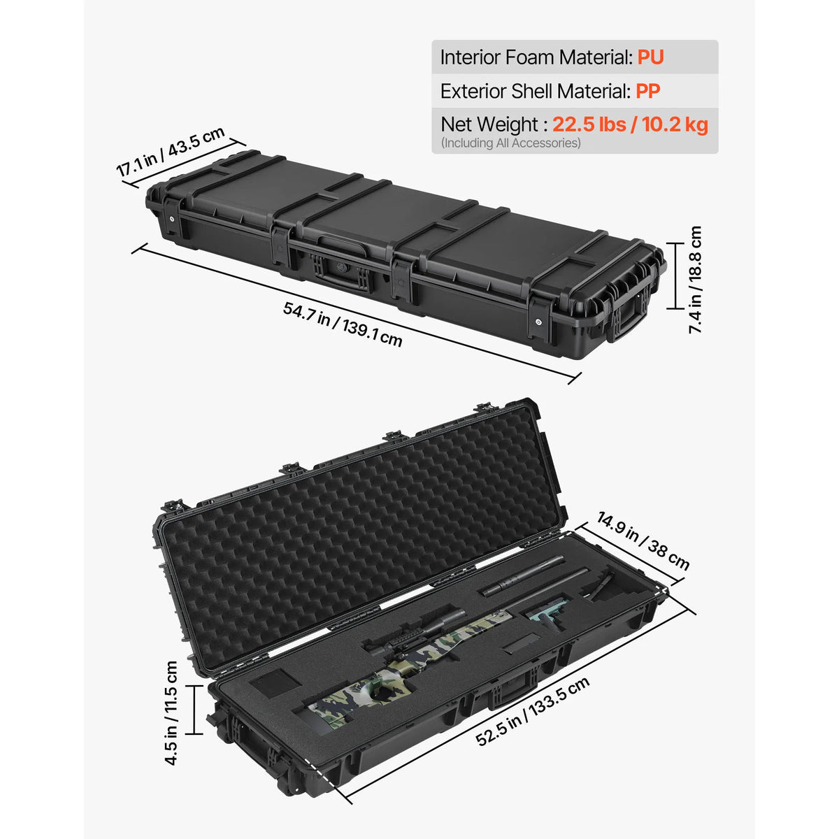 Твърд куфар за дълго оръжие с колела и вложки