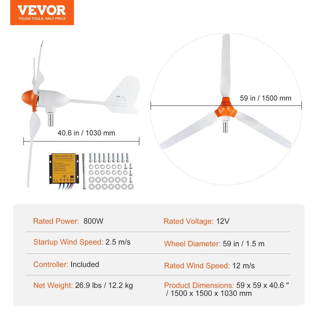 Ветрогенератор 12 V с MPPT контролер, 500 или 800 W
