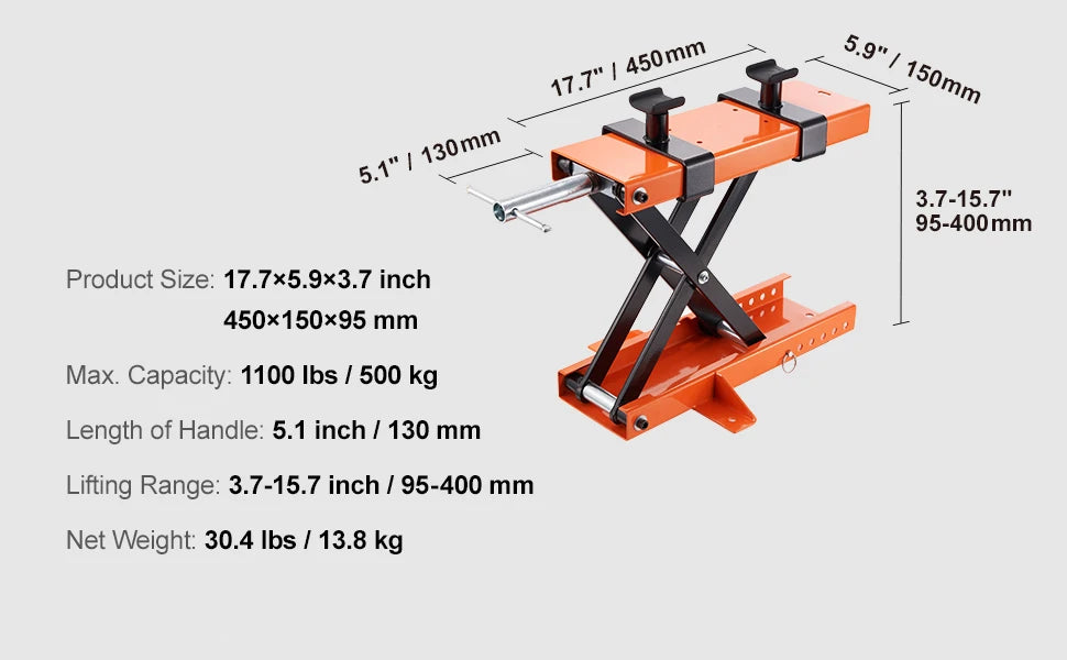 Ножичен крик за мотоциклет 500 кг, 95–400 мм