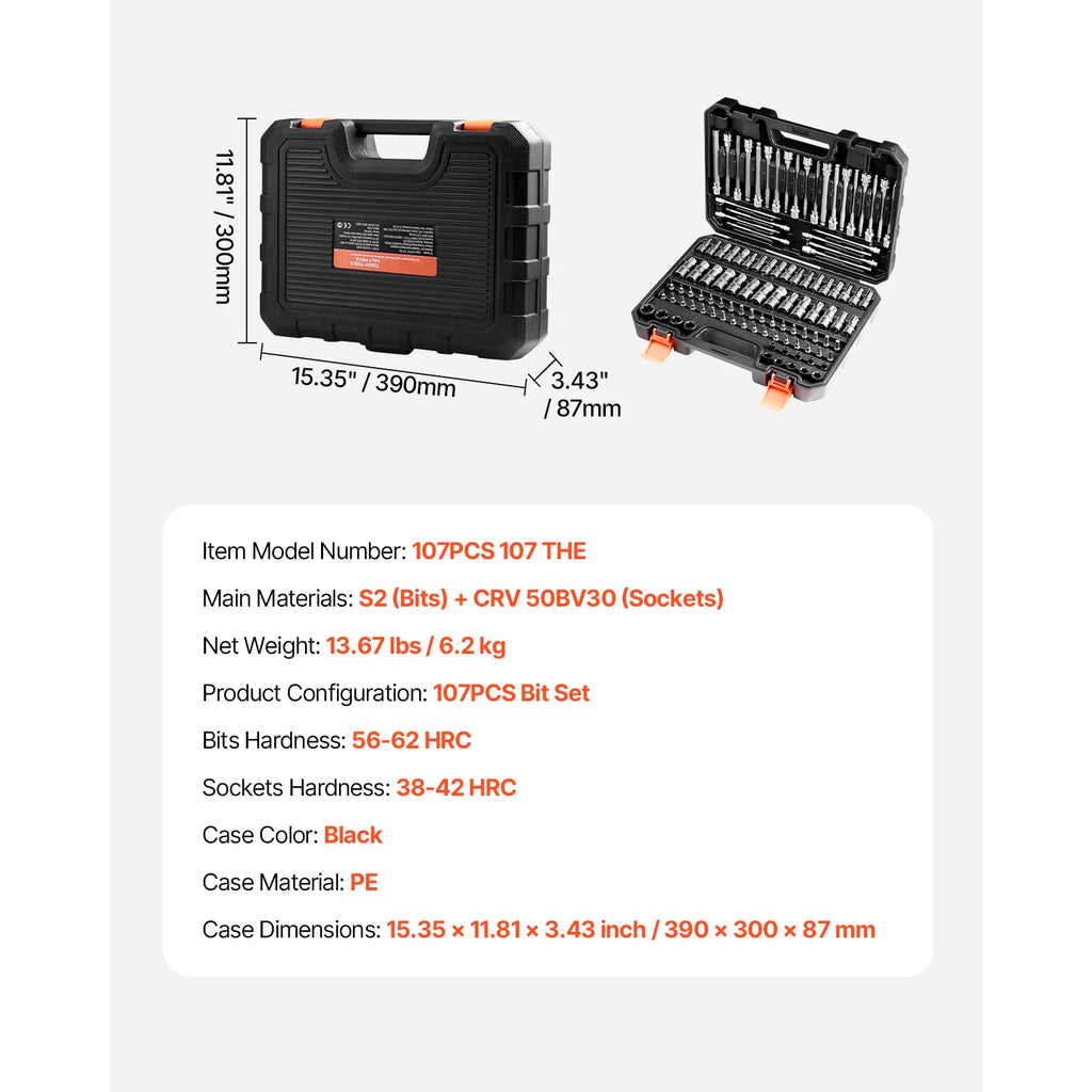 Комплект вложки и битове HEX/TORX, 107 части