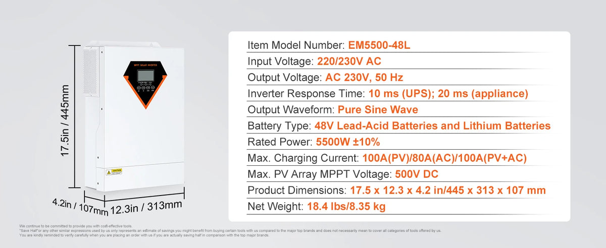 Хибриден соларен инвертор 5500 W, 48 V, 230 V AC