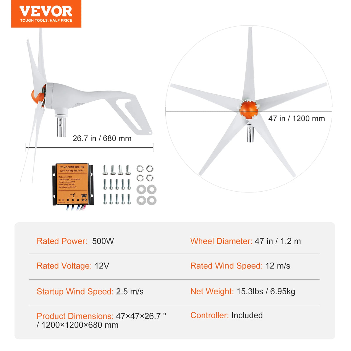 Ветрогенератор 12 V с MPPT контролер, 500 или 800 W