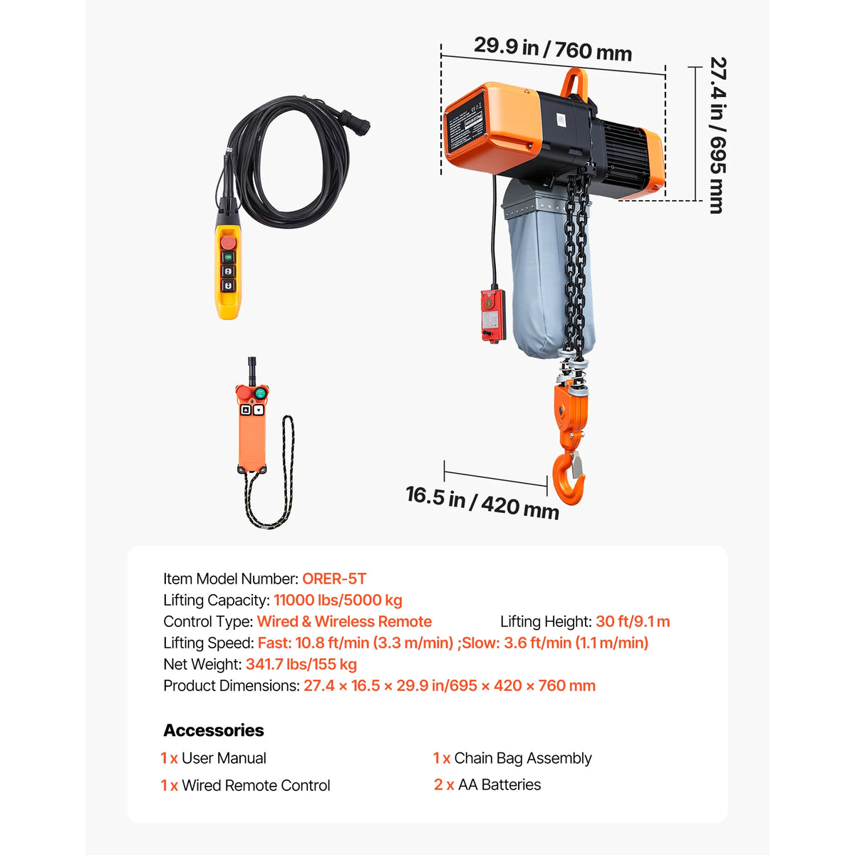 Трифазен верижен телфер 380–415 V с дистанционно