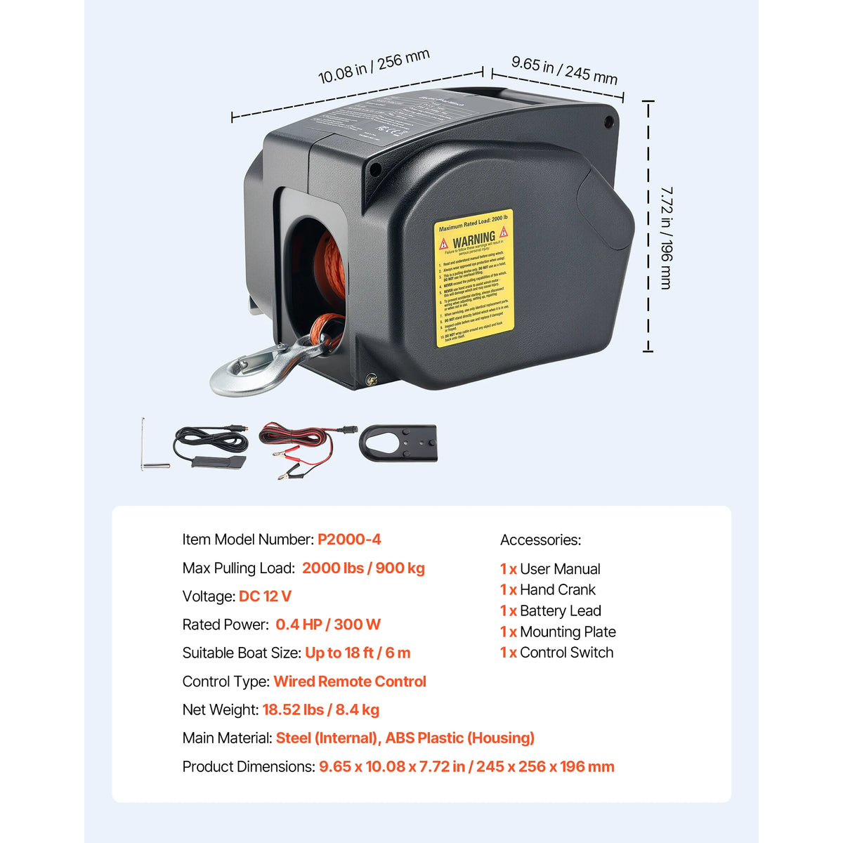 Електрическа лебедка за лодка 12 V, до 907 кг