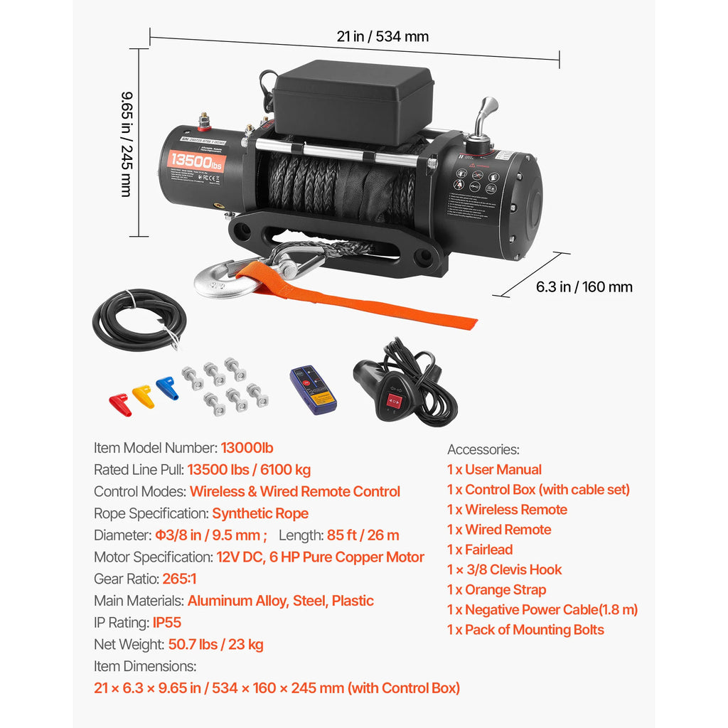 Електрическа лебедка с тяга 6,12 т, 12 V, въже ≈ 25,91 м