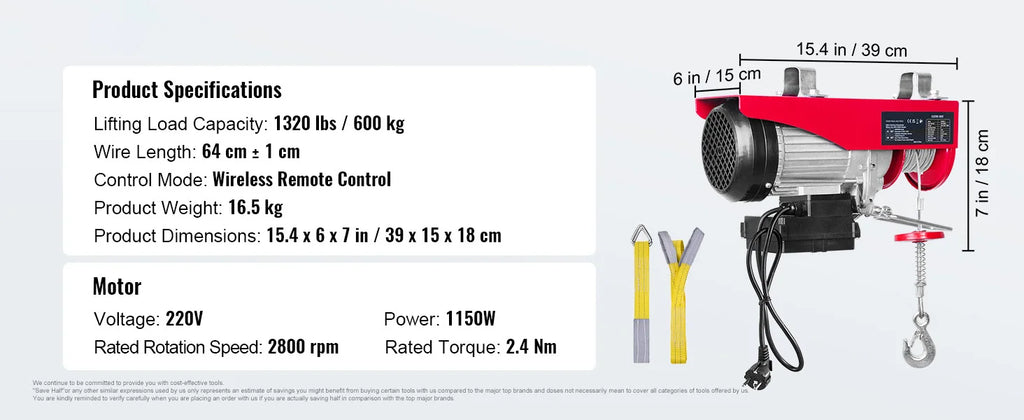 Електрически въжен телфер 300/600 кг, 1 150 W