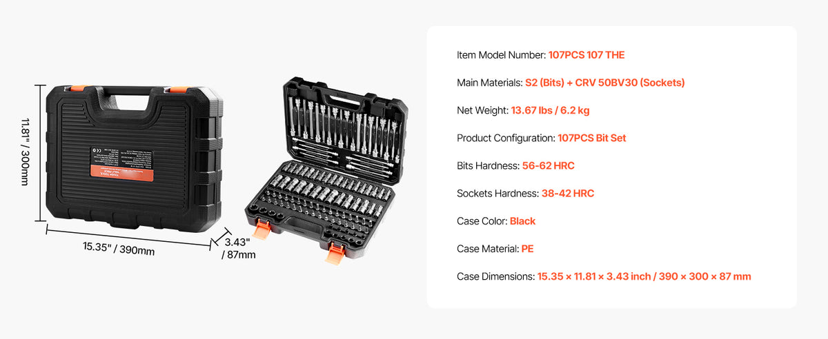 Комплект вложки и битове HEX/TORX, 107 части
