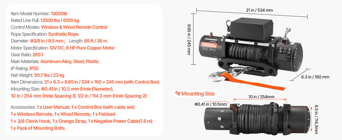 Електрическа лебедка с тяга 6,12 т, 12 V, въже ≈ 25,91 м