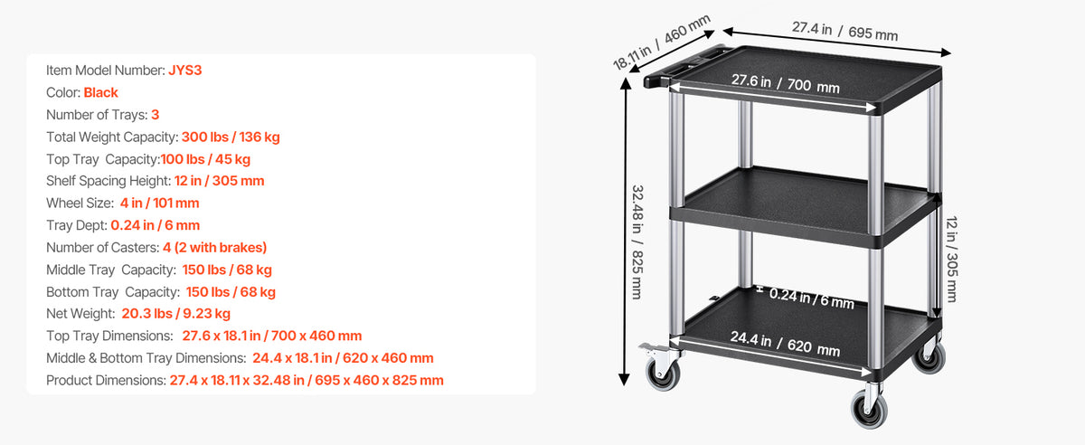 Помощна количка JYS3 с 3 нива, до 136 кг