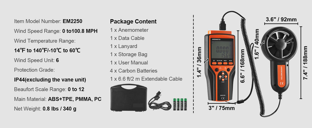 Анемометър EM2250 с отделна сонда и USB